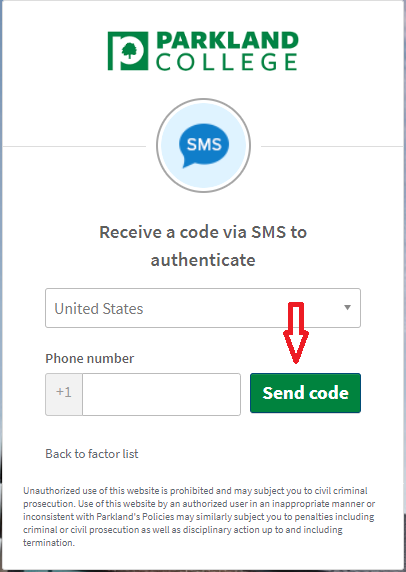 SMS Authentication Setup Screen with Country selection Phone Number entry and Send Code button