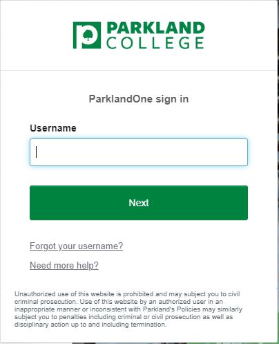 Screen for entering Parkland username.
