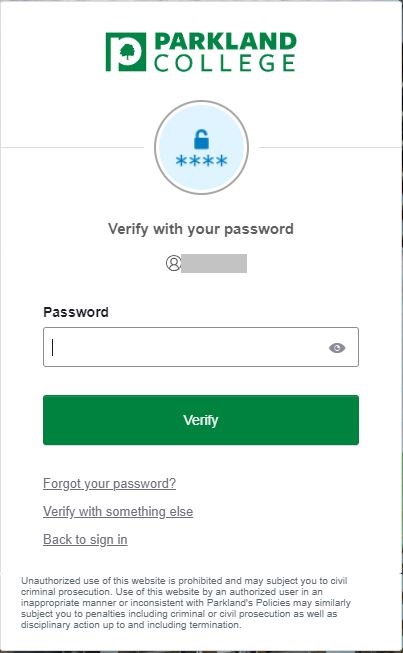 Screen for entering Parkland password.