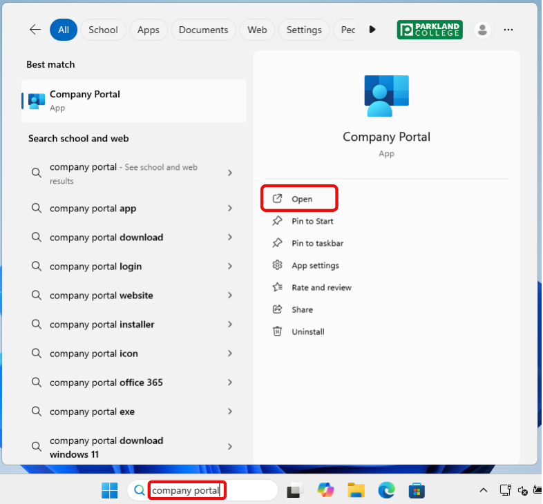 A screenshot of the Windows 11 search menu with "company portal" entered and Company Portal app ready to open.