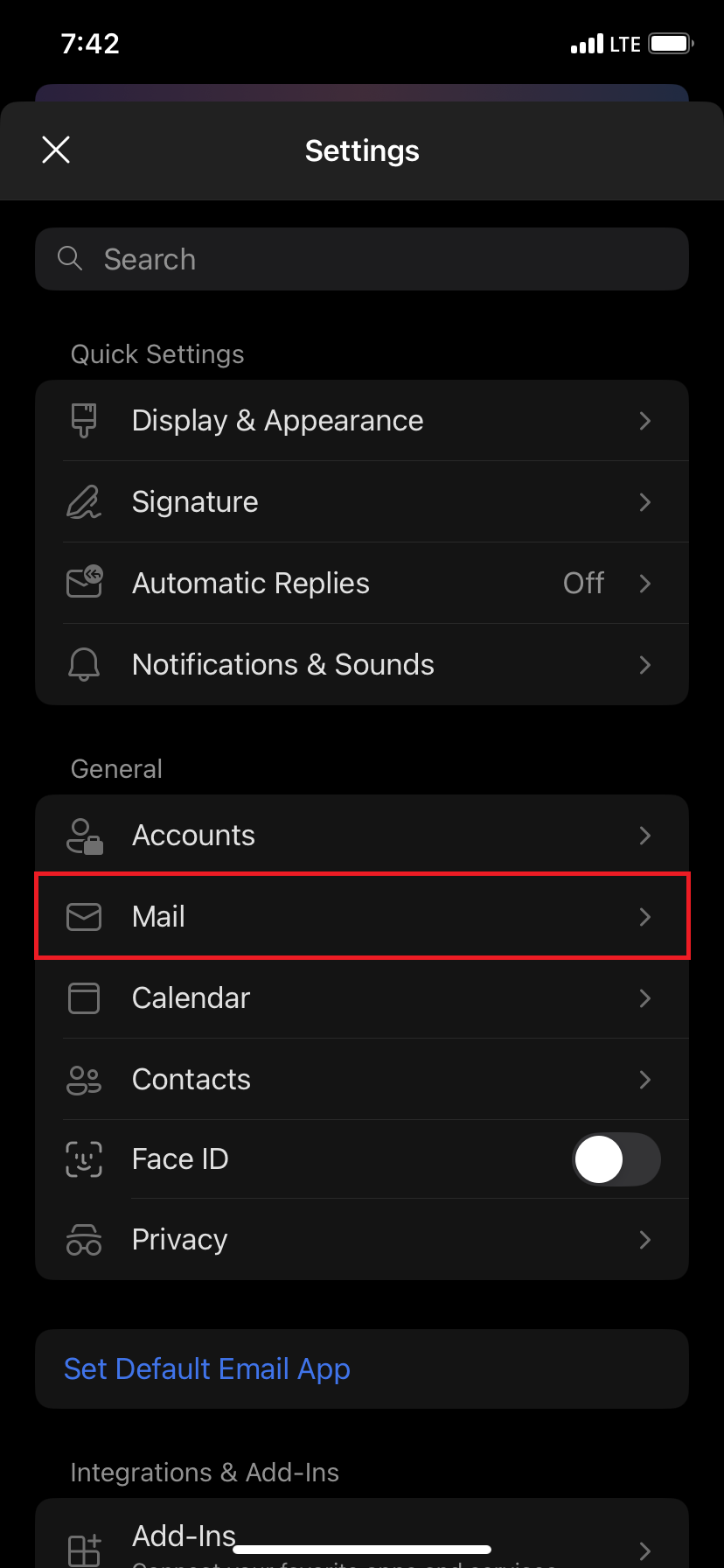 The "Settings" menu, with "Mail" highlighted.