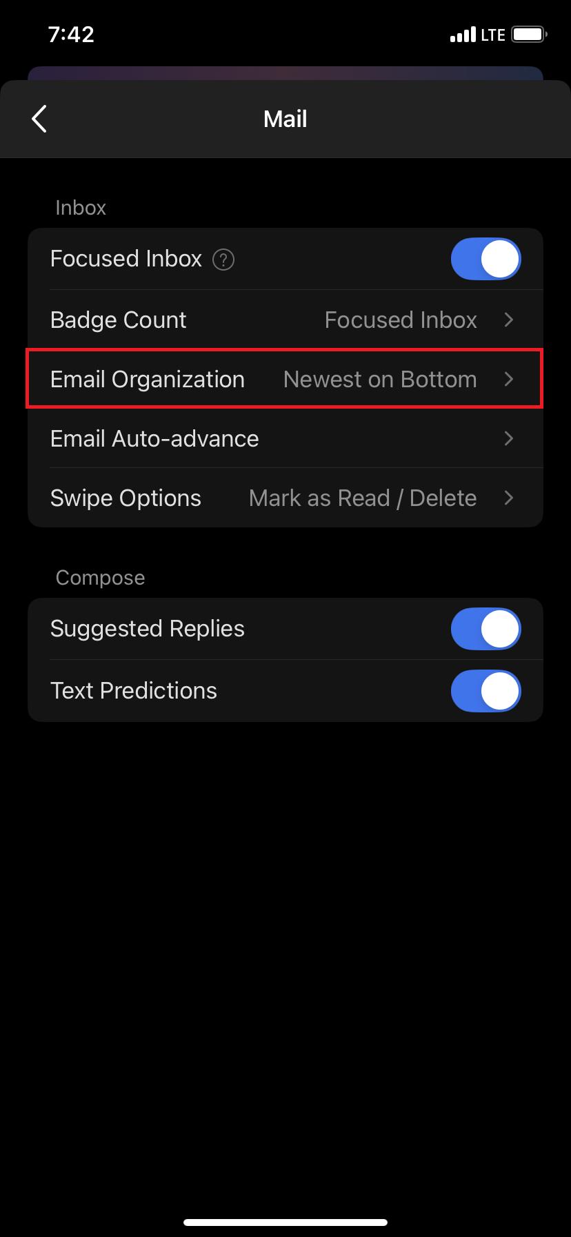 The "Mail" settings with "Email Organization" highlighted.