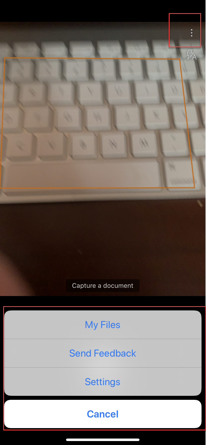 vertical elipsis access to files, feedback and settings