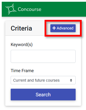 Concourse search menu, with the + Advanced button indicated.