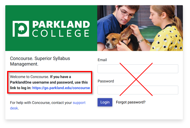 Concourse login screen.  Indicates users should use the ParklandOne login link instead of entering their email/password on this screen.