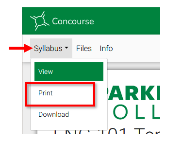 Syllabus dropdown menu with the Print option selected.