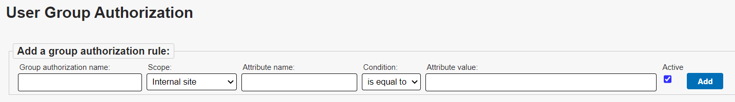 The top of the User Group Authorization page, where the Add a group authorization rule module is located.