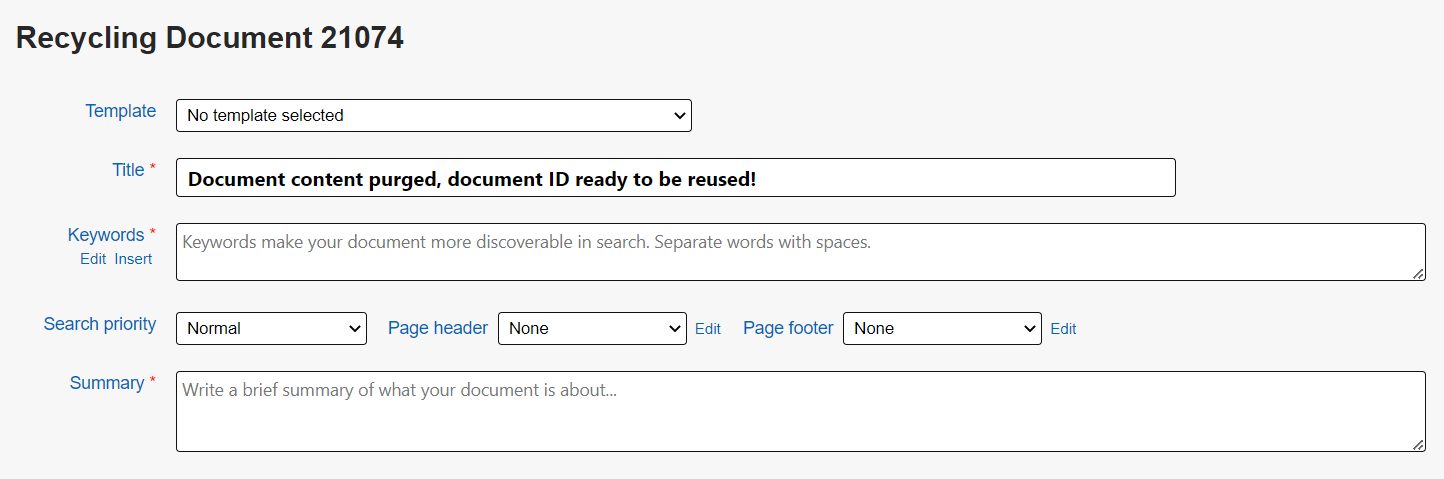 The Recycling Document screen.