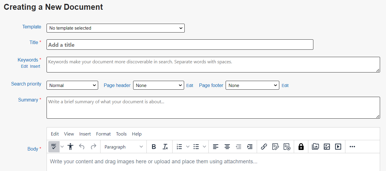 The Creating a New Document screen showing the main content fields.