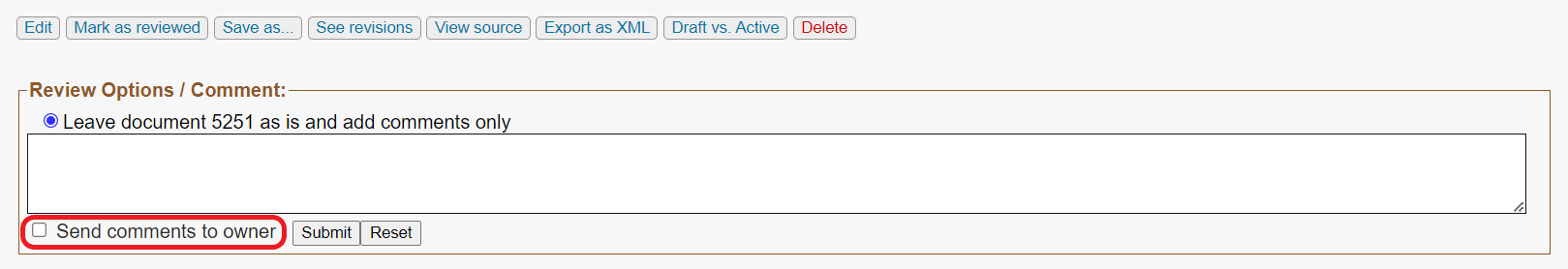 The Review Options / Comment section of a document. The Send comments to owner checkbox is circled in red.