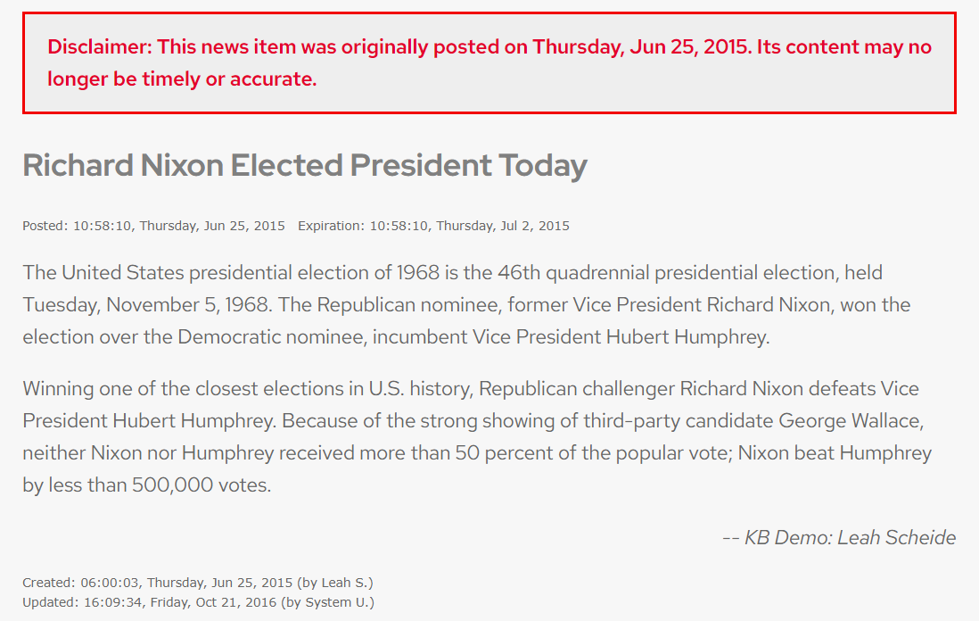 A news posting with a red textbox at the top reading "Disclaimer: This news item was originally posted on Thursday, Jun 25, 2015. Its content may no longer be timely or accurate."