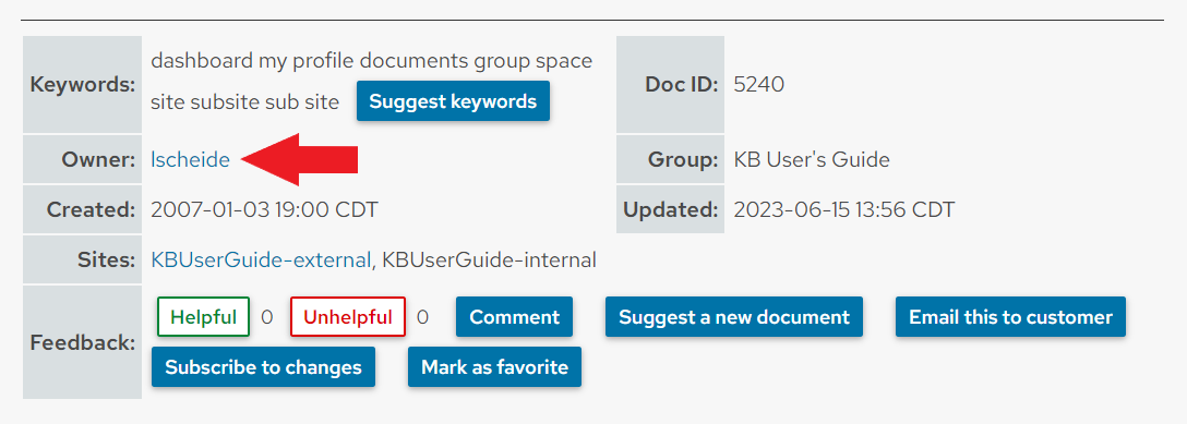 The "Owner" field is in the first column and second row of the doc info table.